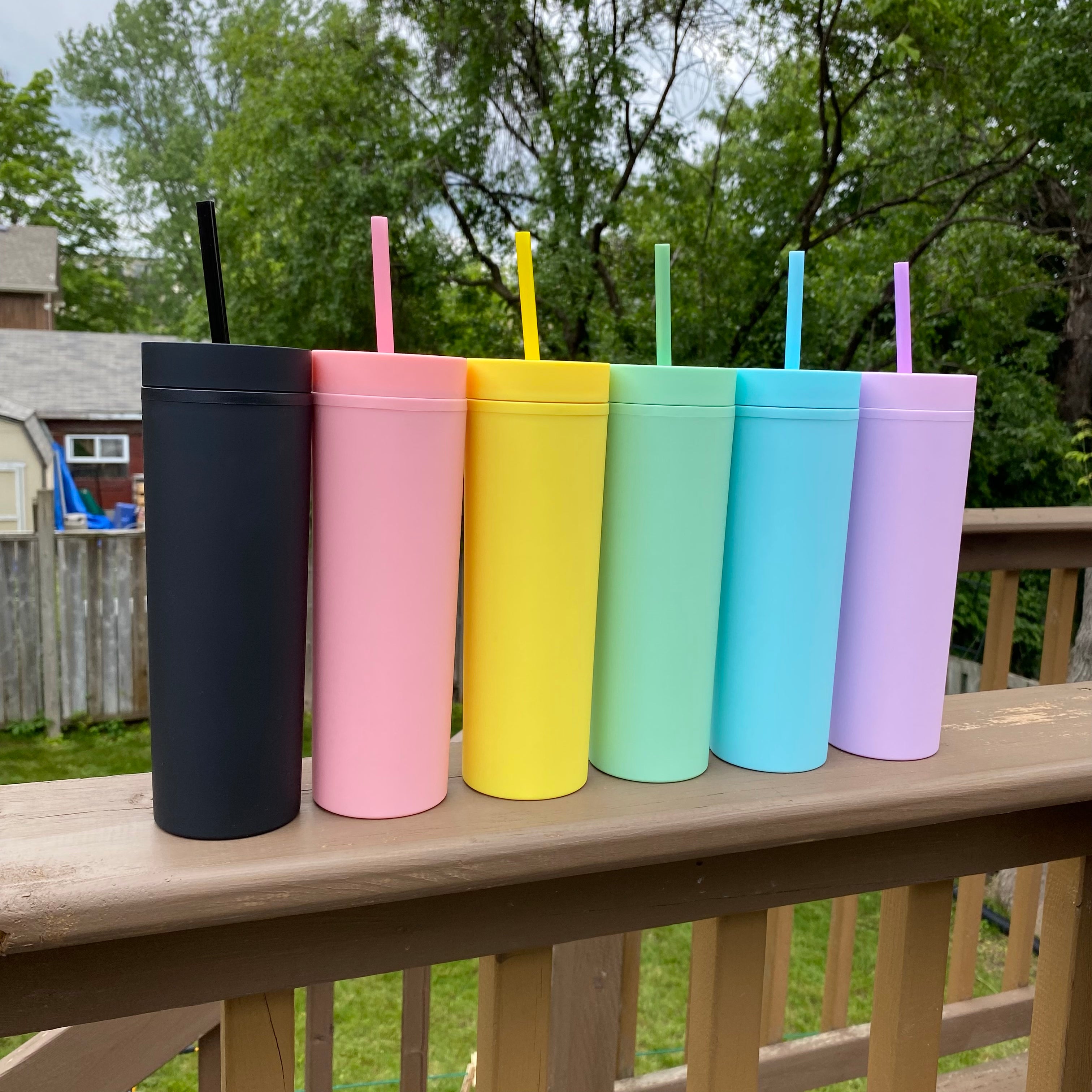  STRATA CUPS 12 Colored Skinny Clear Tumbler with Lids and  Straws