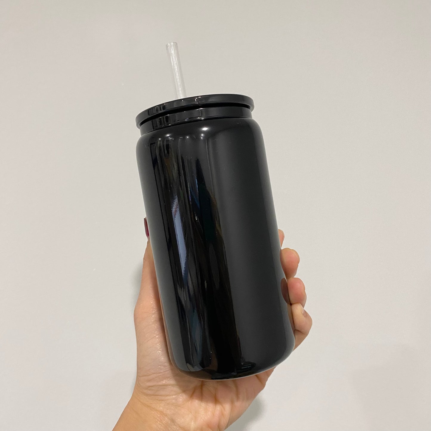 Black Glass Can with Acrylic Lid and Plastic Straw