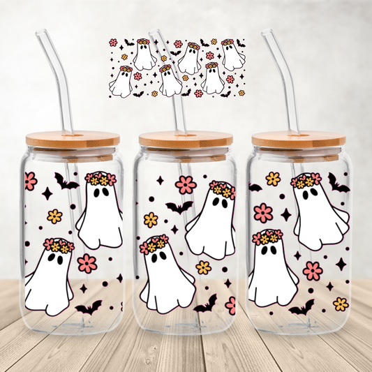 Floral Ghost 16 oz Glass Can Sublimation Print