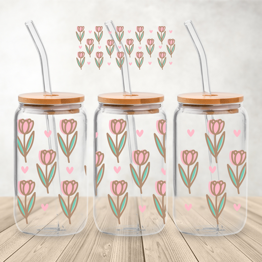 16 oz. Glass can Wrap,Pink Tulips, Wholesale blank tumbler Canada